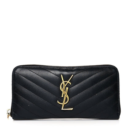 Saint Laurent Grain De Poudre Matelasse Chevron Monogram Zip Around Wallet Black 1 of 14