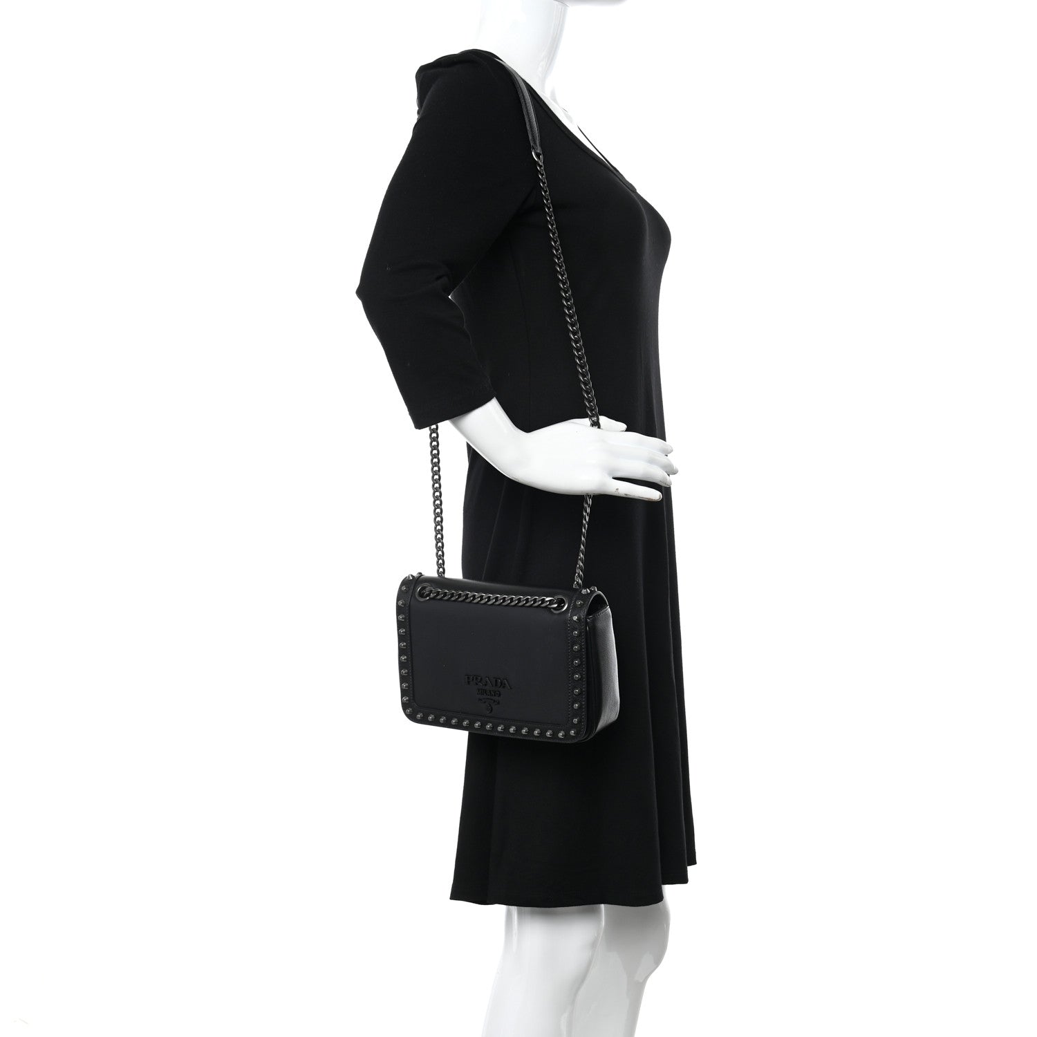 Prada Glace Calfskin Studded Crossbody Black 2 of 11