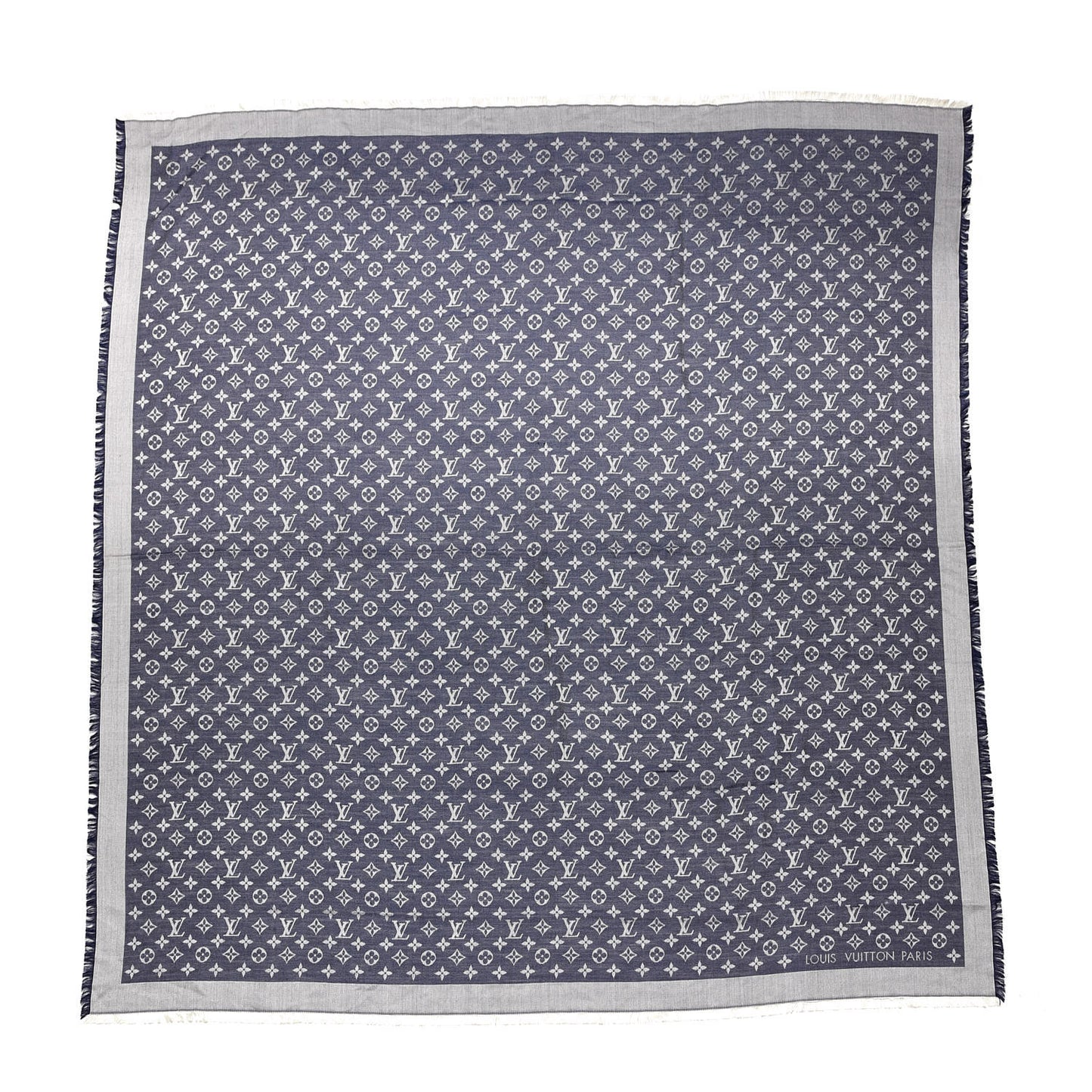 Wool Silk Monogram Denim Shawl Blue