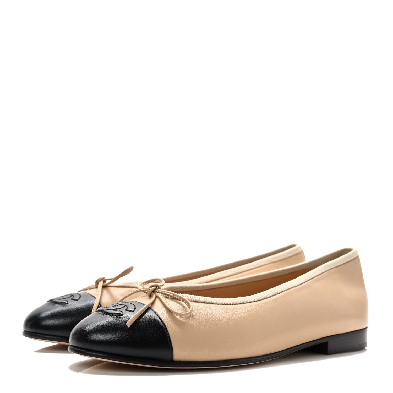 Chanel Lambskin Cap Toe CC Ballerina Flats 37.5 Beige Black 3 of 8