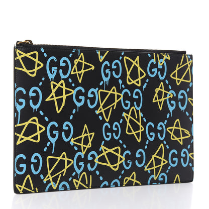 Gucci Calfskin GucciGhost Print Pouch Black New Acquamarine 3 of 9