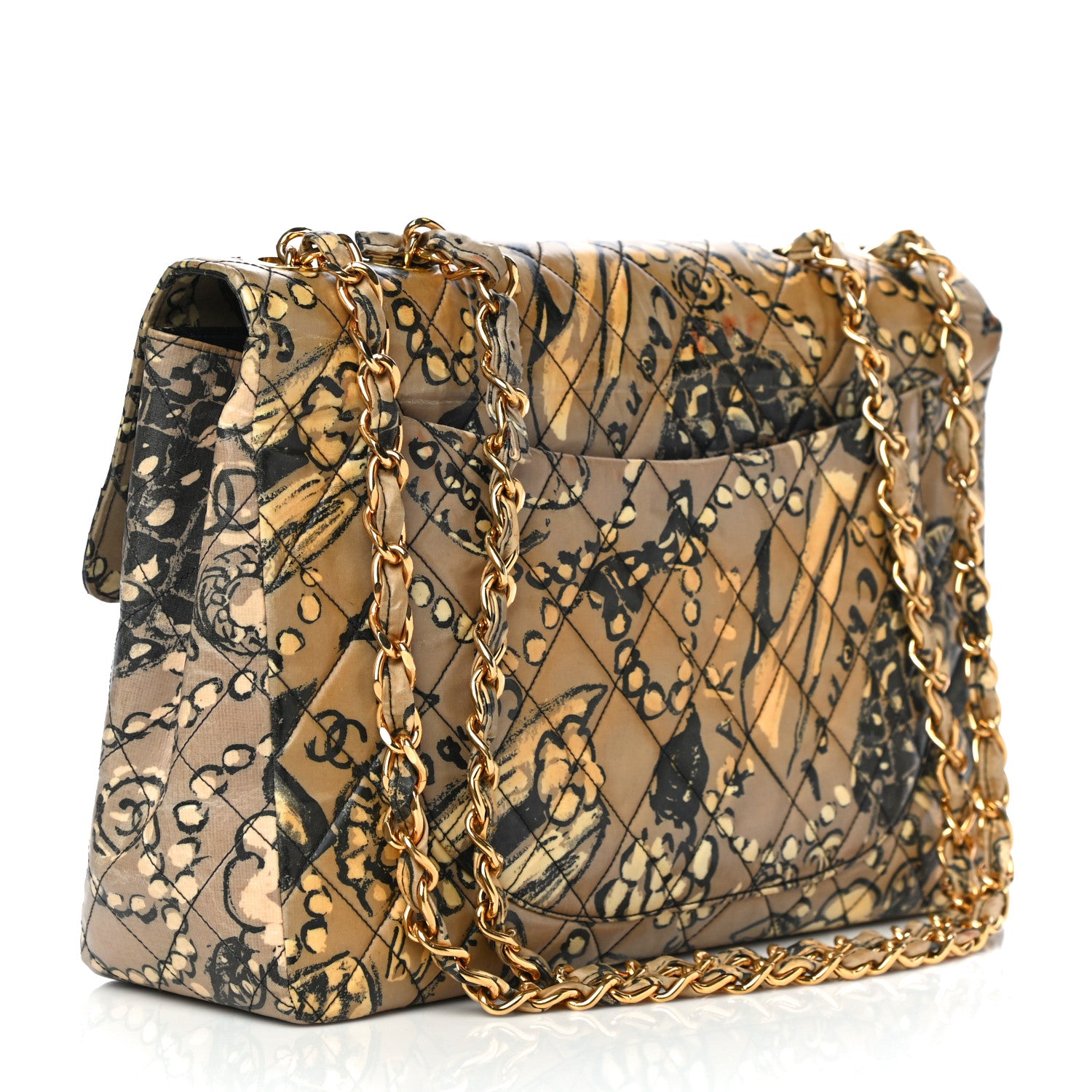 Chanel Coated Canvas Printed Quilted Medium Single Flap Black Beige Multicolor 2 of 16