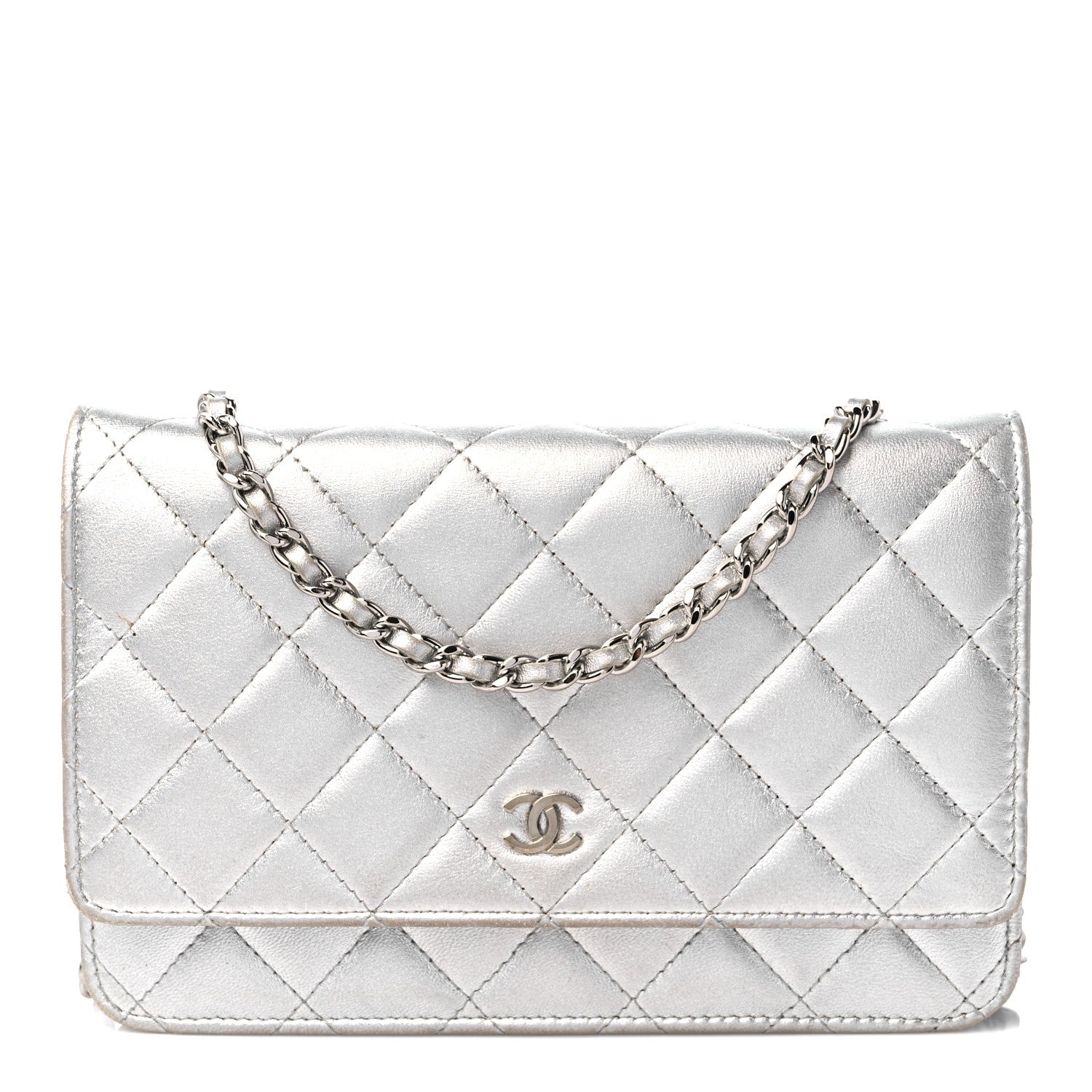 Chanel Metallic Lambskin Quilted Wallet On Chain WOC Silver 1 of 19
