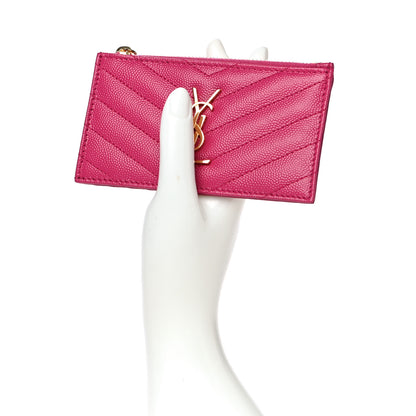 Saint Laurent Grain De Poudre Matelasse Chevron Monogram Fragments Zippered Card Case Fresh Fuxia 2 of 10