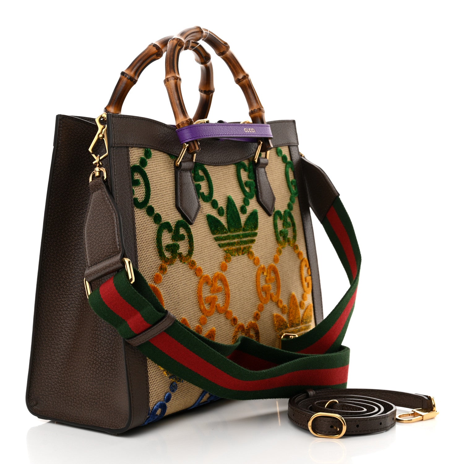 Gucci X ADIDAS Textured Dollar Calfskin Jumbo GG Textured Web Trefoil Logo Medium Diana Tote Bag Beige Brown Multicolor 3 of 10