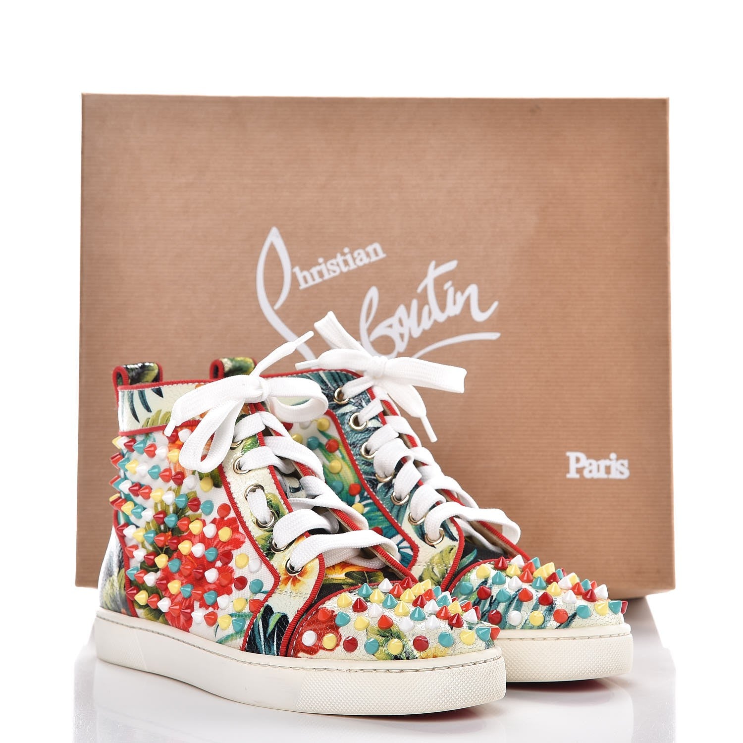 Christian Louboutin Canvas Crackled Calfskin Hawaii Print Louis Orlato Spikes Sneakers 36.5 Multicolor 9 of 9