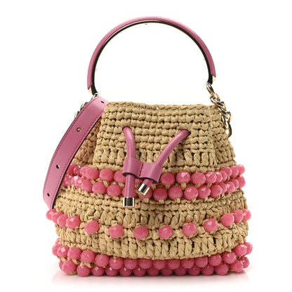 Jimmy Choo Calfskin Raffia Beaded Bon Bon Bucket Bag Beige Pink 1 of 10