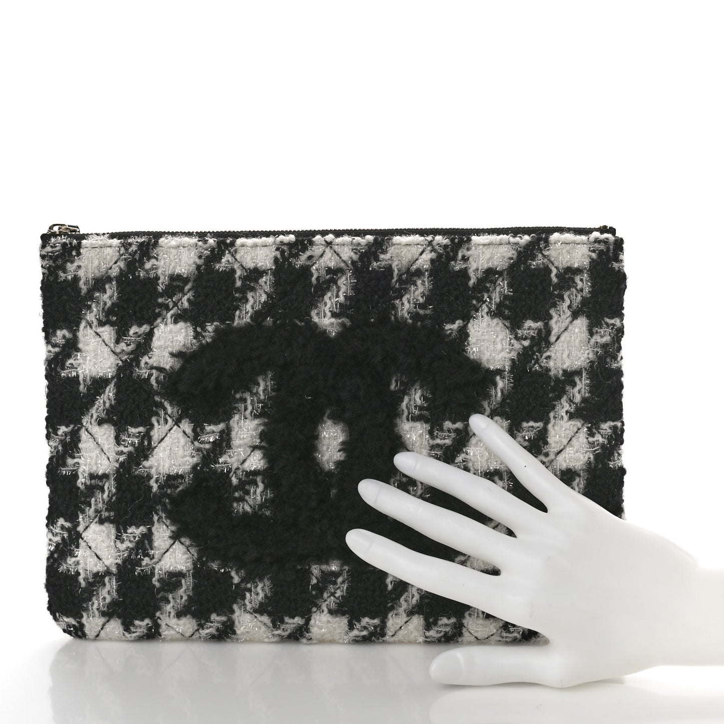 Tweed Shearling Quilted Chanel Cosmetic Pouch White Black