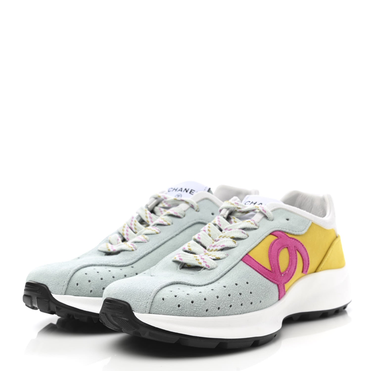 Chanel Fabric Suede Kidskin CC Sneakers 41 Light Turquoise Fuchsia Yellow 3 of 9