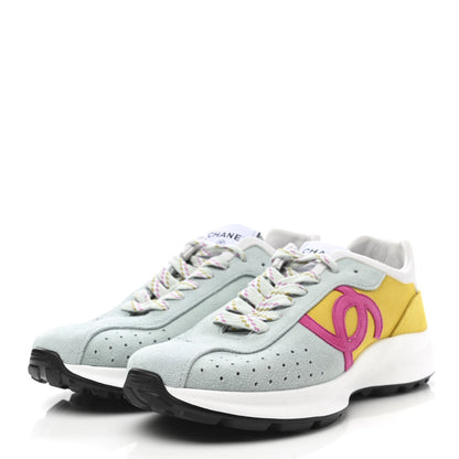 Chanel Fabric Suede Kidskin CC Sneakers 41 Light Turquoise Fuchsia Yellow 3 of 9