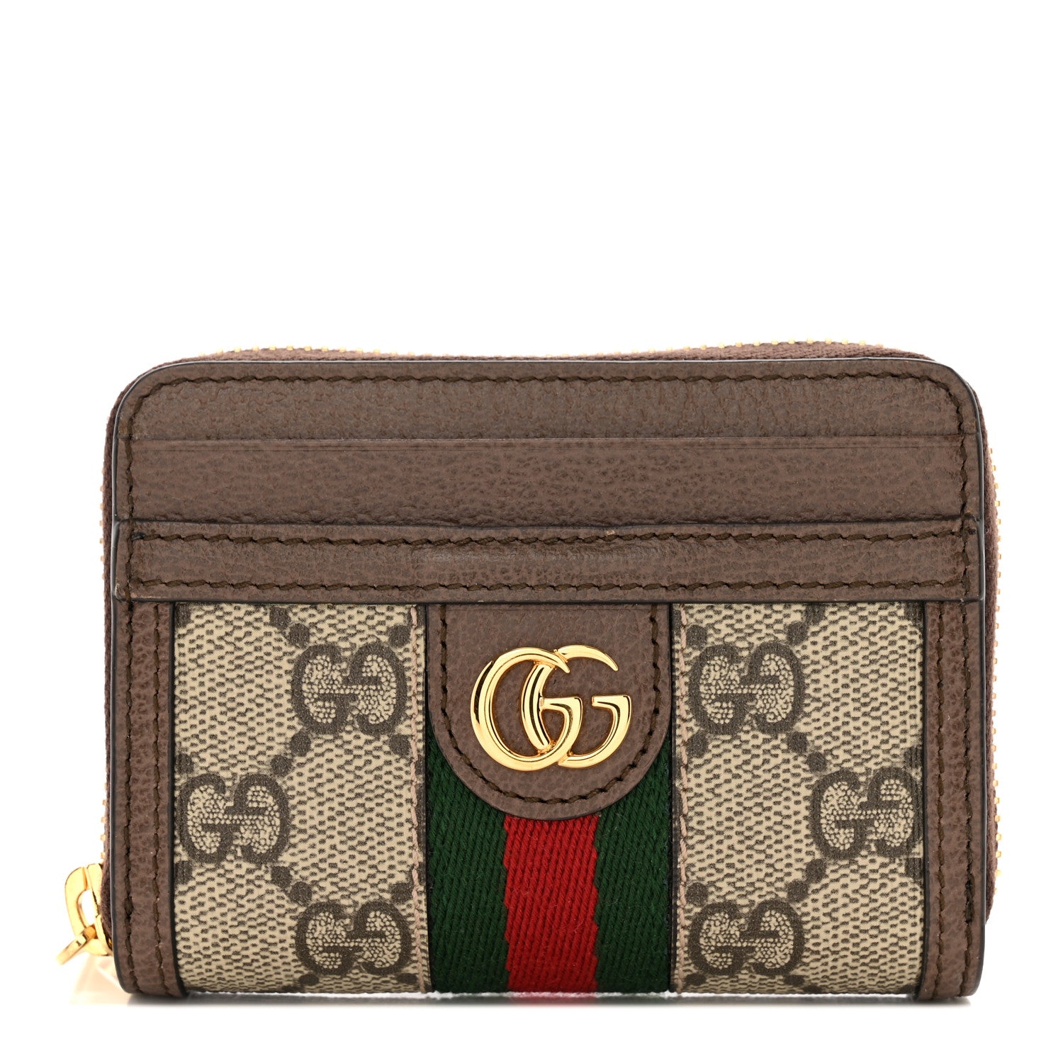Gucci GG Supreme Monogram Textured Dollar Calfskin Web Ophidia Zip Around Card Case Wallet Beige Ebony New Acero 1 of 8