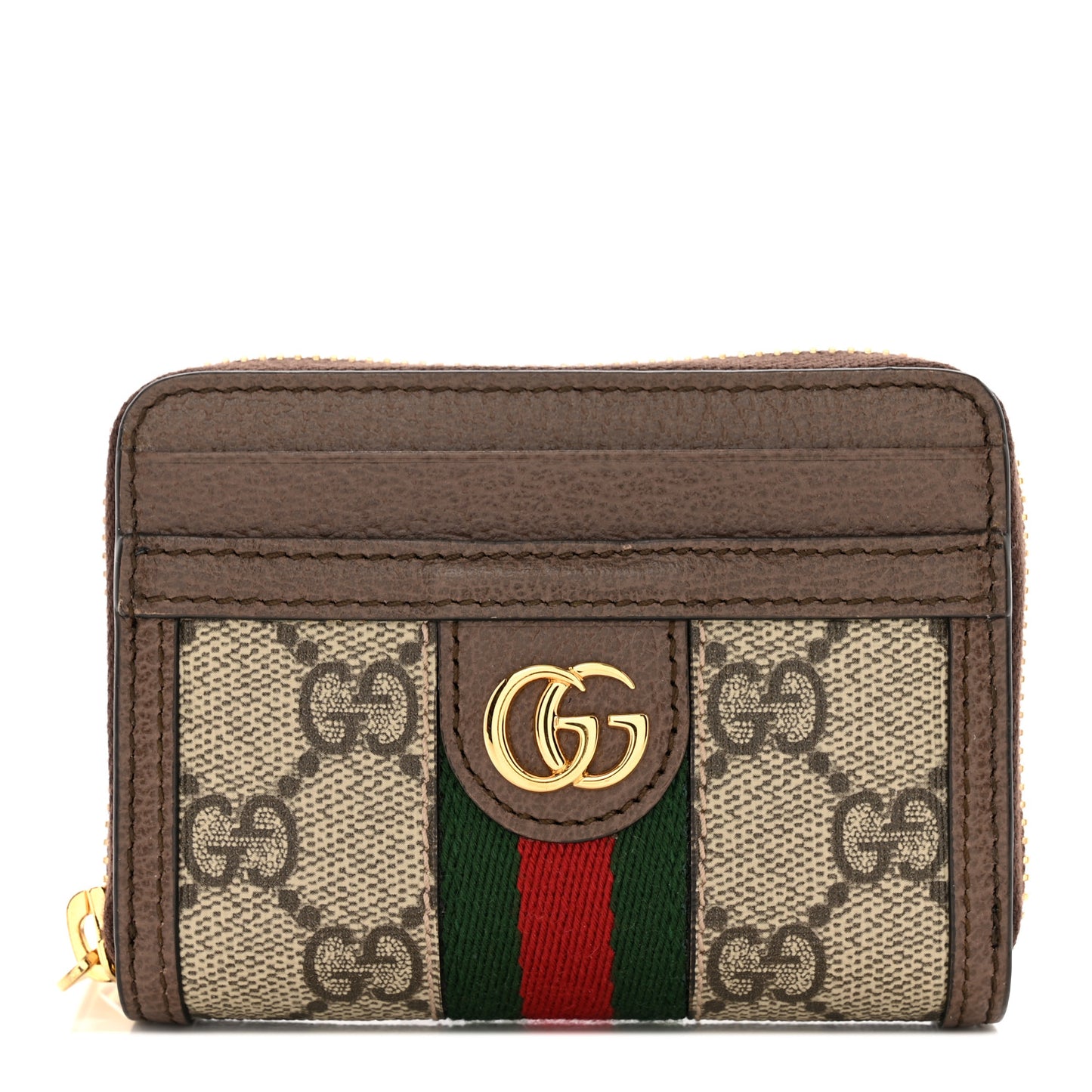 GG Supreme Monogram Textured Dollar Calfskin Web Ophidia Zip Around Card Case Wallet Beige Ebony New Acero