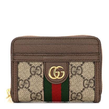 Gucci GG Supreme Monogram Textured Dollar Calfskin Web Ophidia Zip Around Card Case Wallet Beige Ebony New Acero 1 of 8