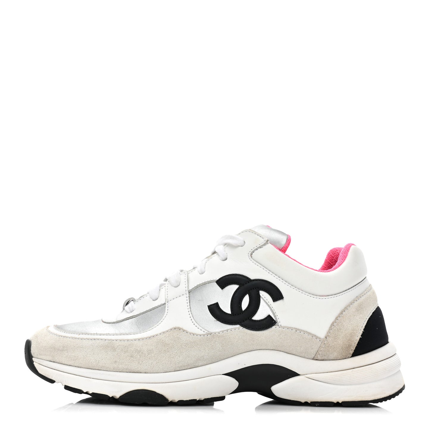 Calfskin Fabric Sneakers 38.5 White Silver Fluo Pink