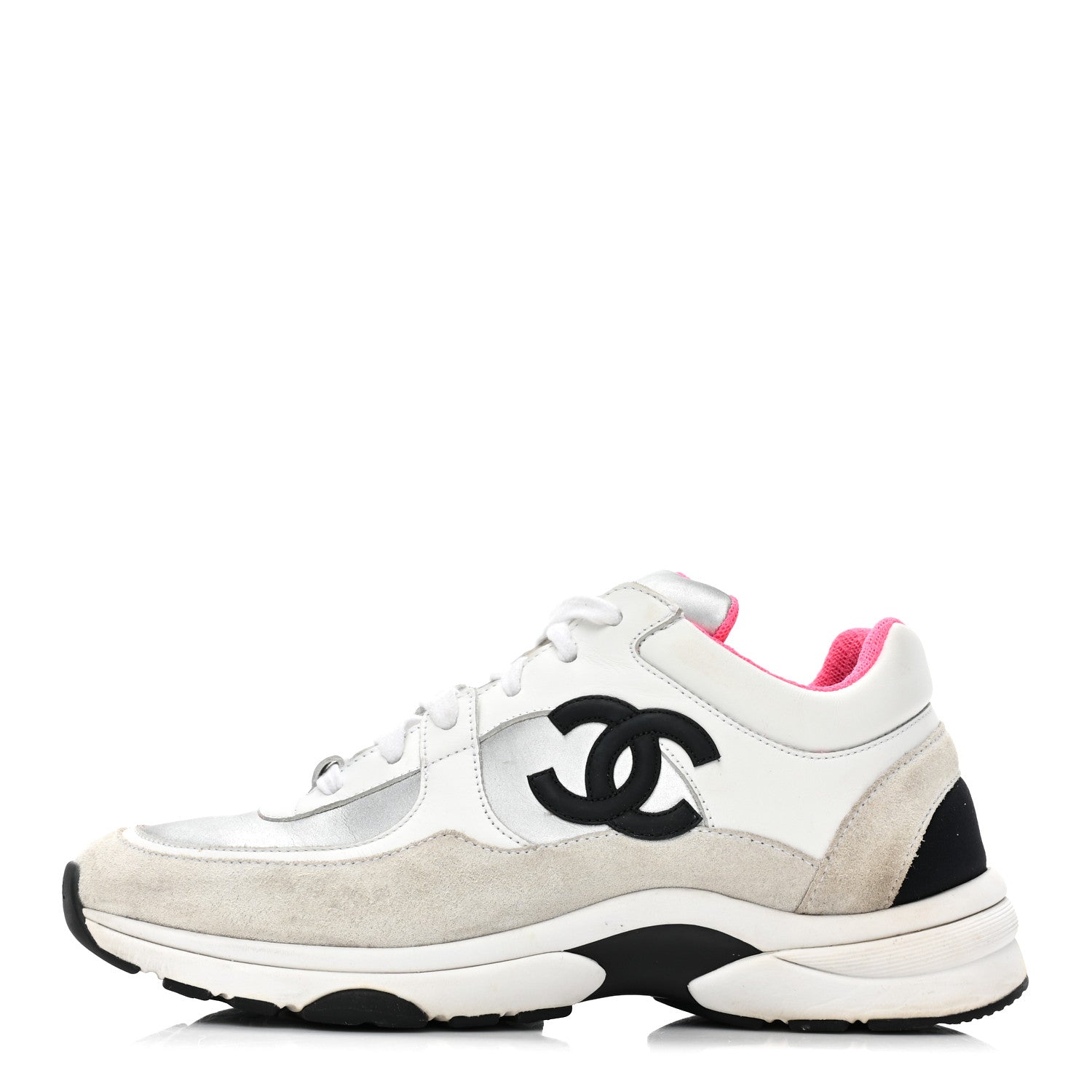 Chanel Calfskin Fabric Sneakers 38.5 White Silver Fluo Pink 1 of 12