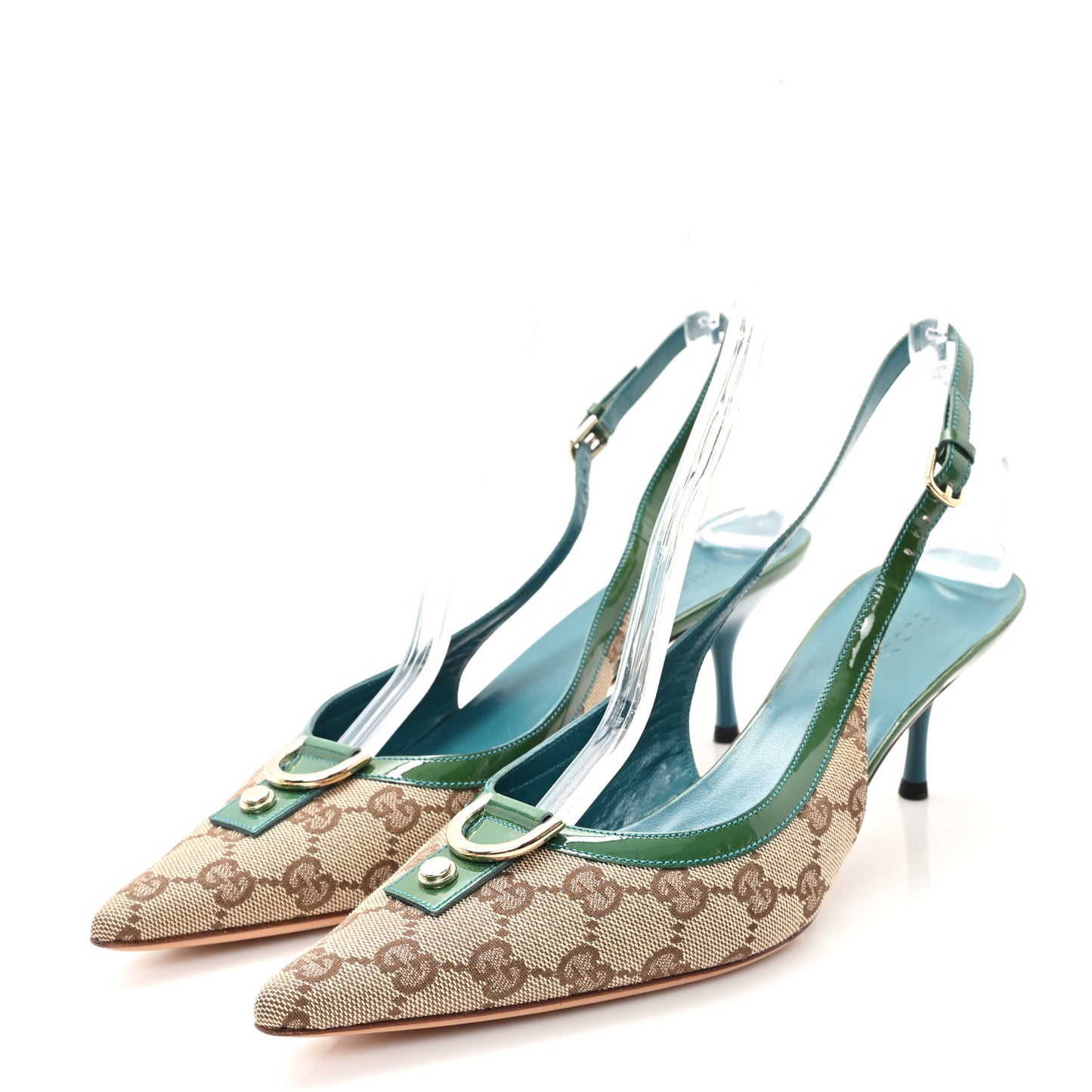 GG Monogram Patent 75mm Slingback Pumps 11 Beige Green