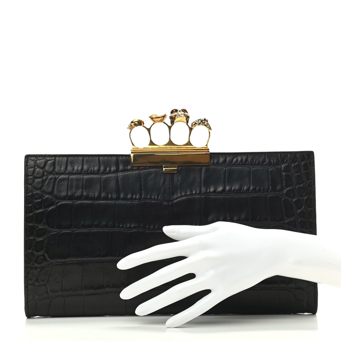 Calfskin Crocodile Embossed Knuckle Flat Clutch Black