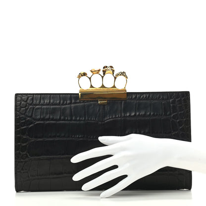 Alexander McQueen Calfskin Crocodile Embossed Knuckle Flat Clutch Black 2 of 9