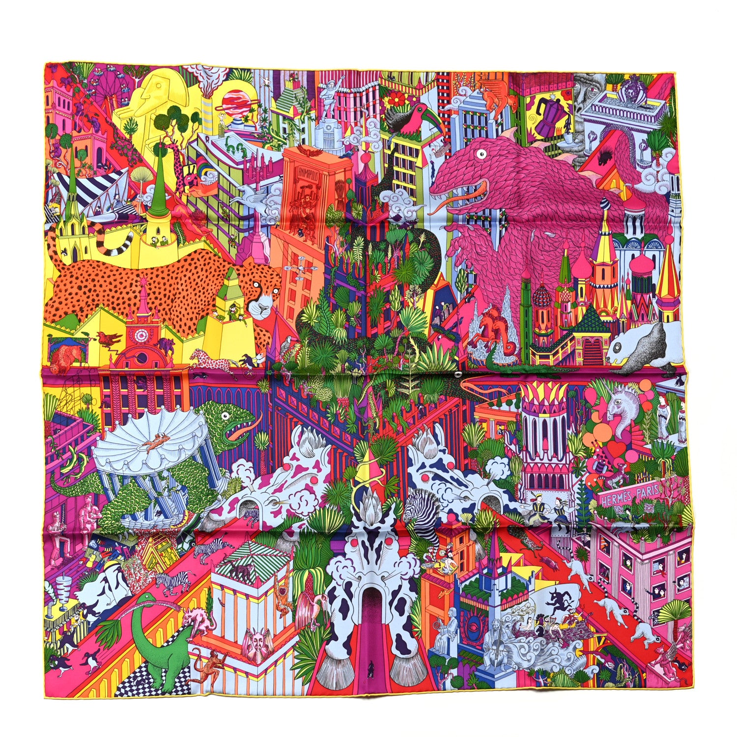 Hermes Silk Animapolis Scarf 90 Fuchsia Vert Jaune Vif 1 of 5