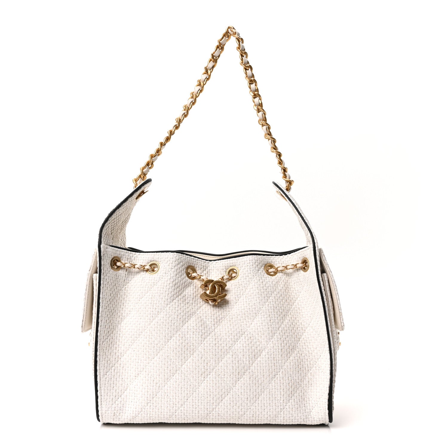Chanel Braided Raffia Calfskin Quilted Small Chanel 25 Handbag White Black 1 of 21