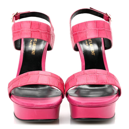 Saint Laurent Calfskin Crocodile Embossed 80 Platform Ankle Strap Sandals 37.5 Bubblegum 3 of 9