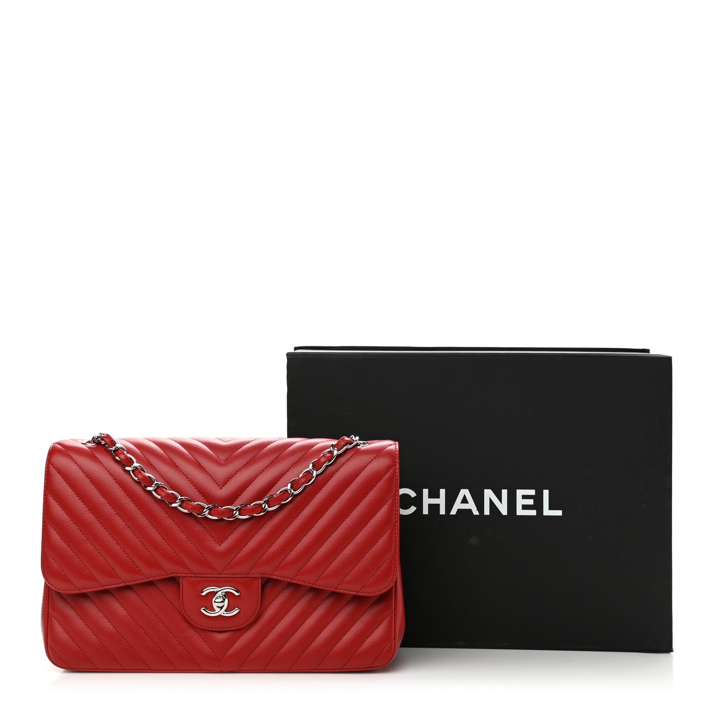 Caviar Chevron Quilted Jumbo Double Flap Dark Red