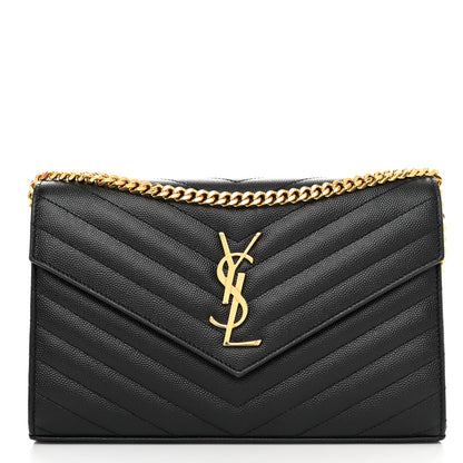 Saint Laurent Grain De Poudre Matelasse Chevron Monogram Chain Wallet Black 1 of 11