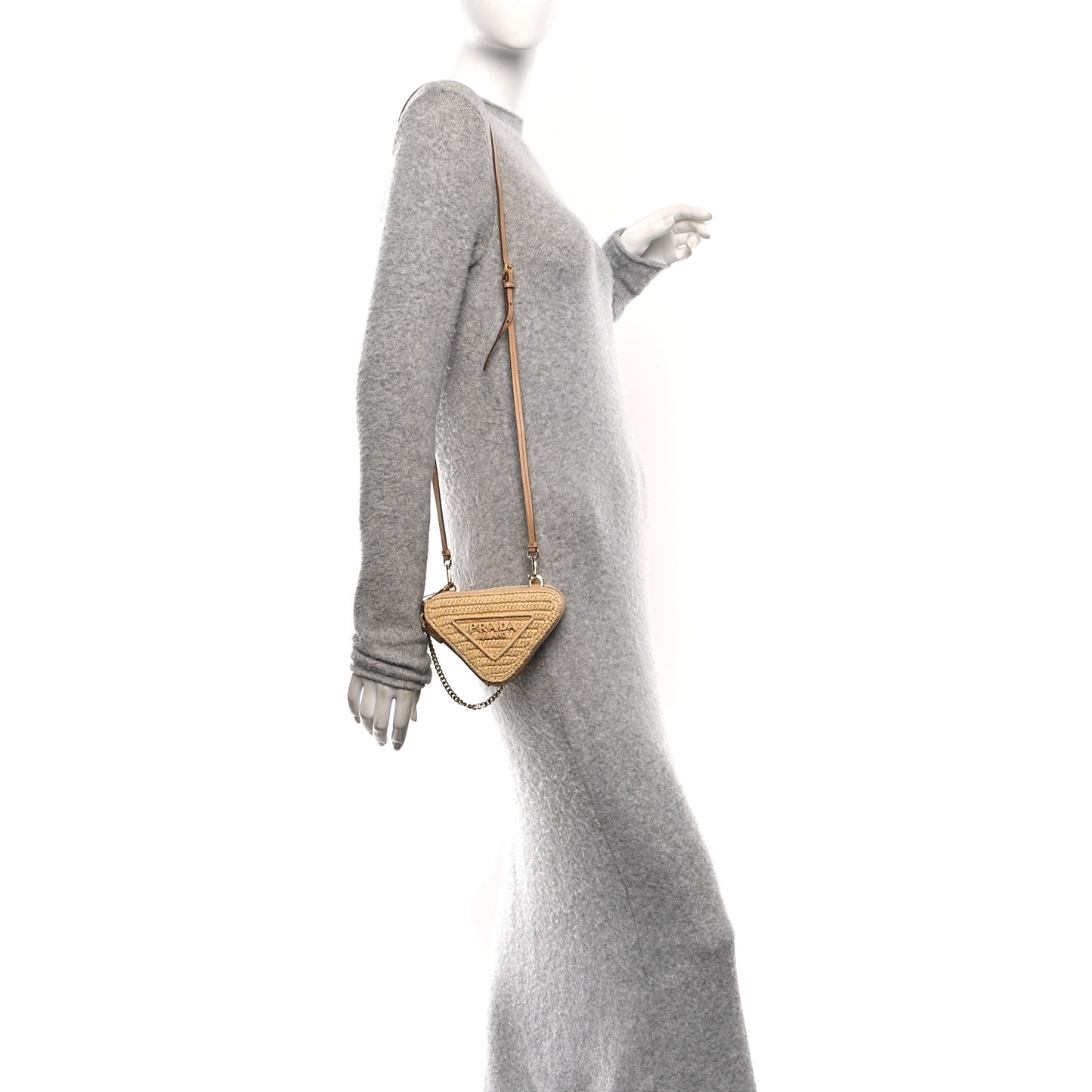 Raffia Calfskin Crochet Logo Embroidered Mini Triangle Crossbody Pouch Naturale