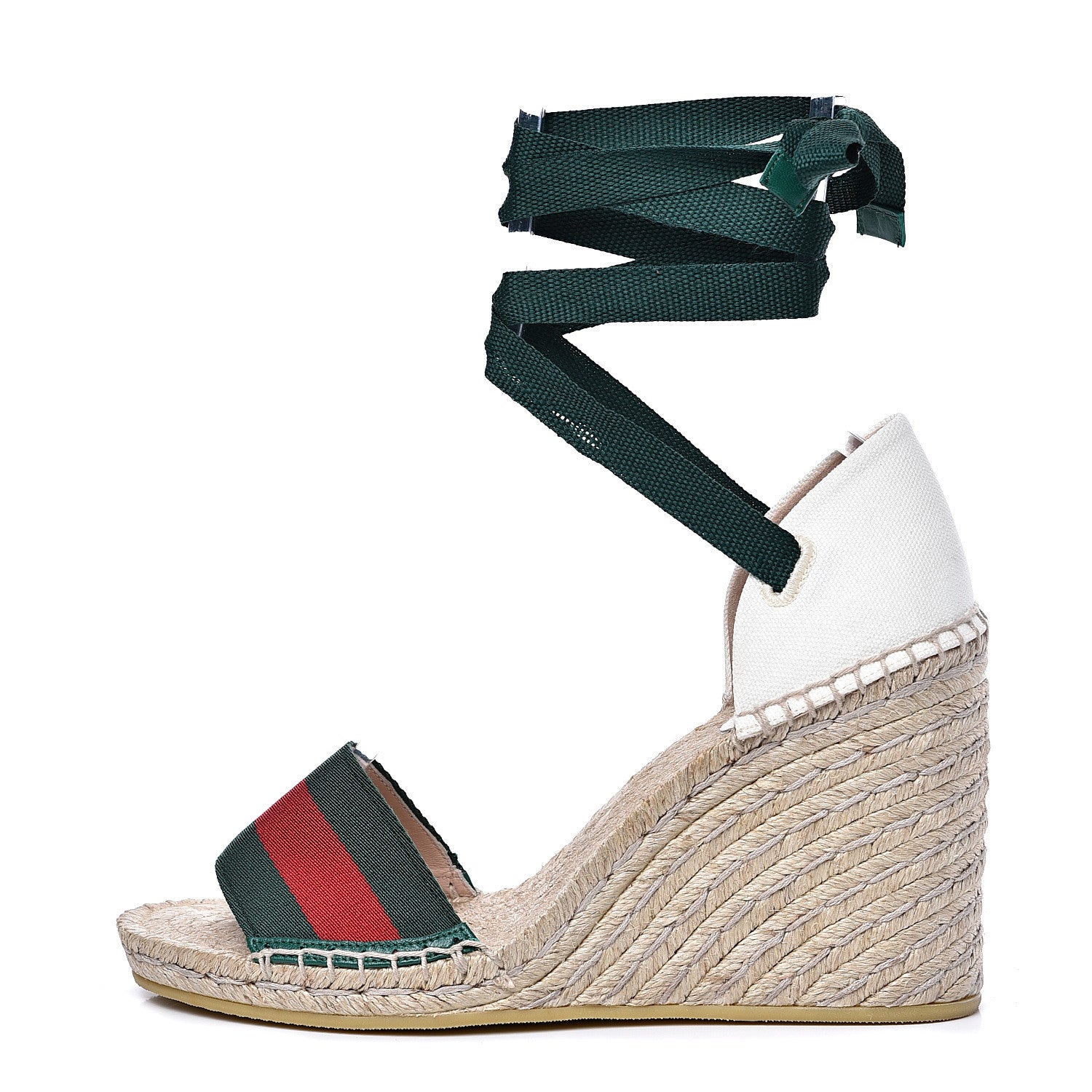 Gucci Canvas Malaga Kid Web Ankle Wrap Espadrille Wedge Sandals 39.5 Green Red Mystic White Emerald 1 of 9