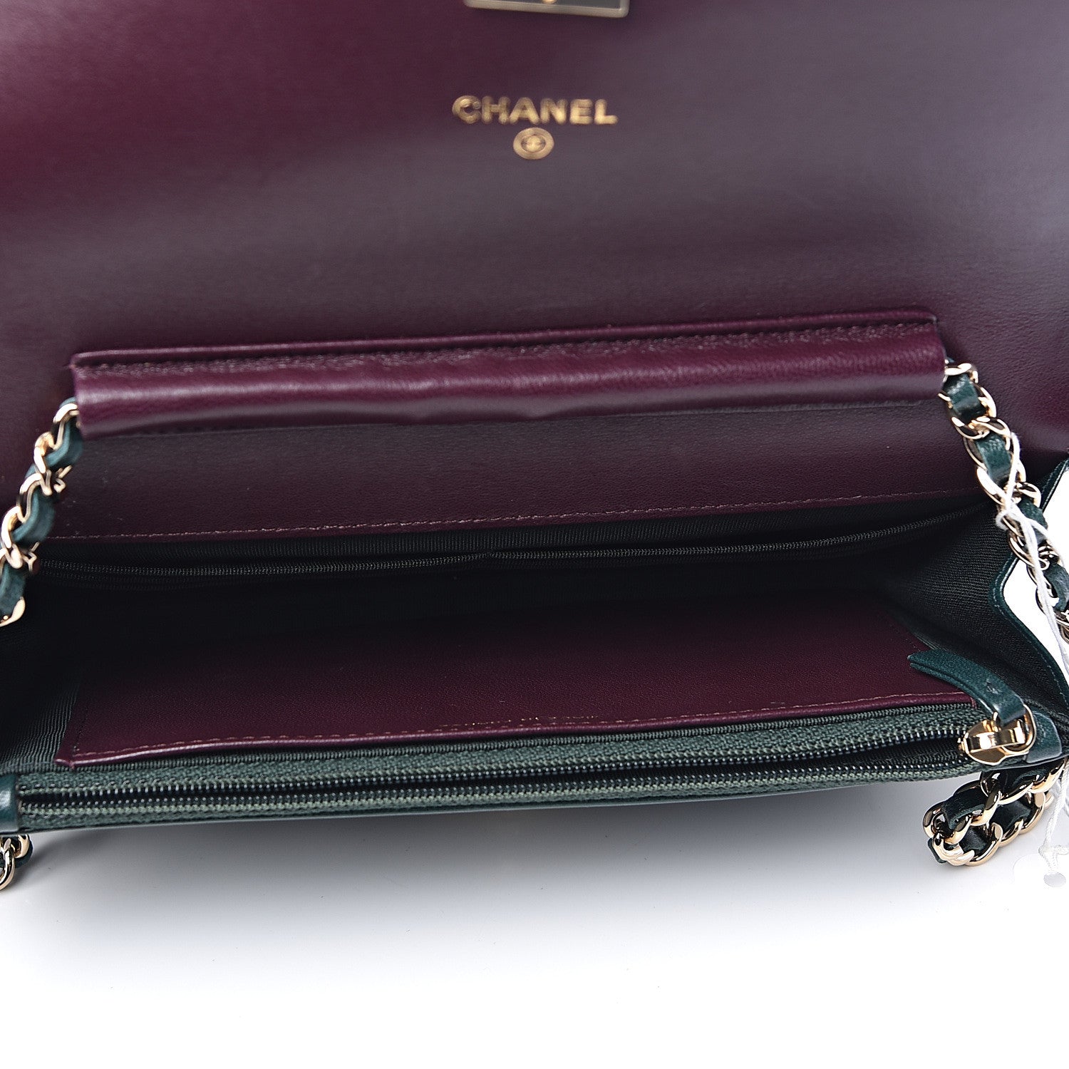Chanel Lambskin Chevron Quilted Wallet On Chain WOC Dark Green 7 of 12