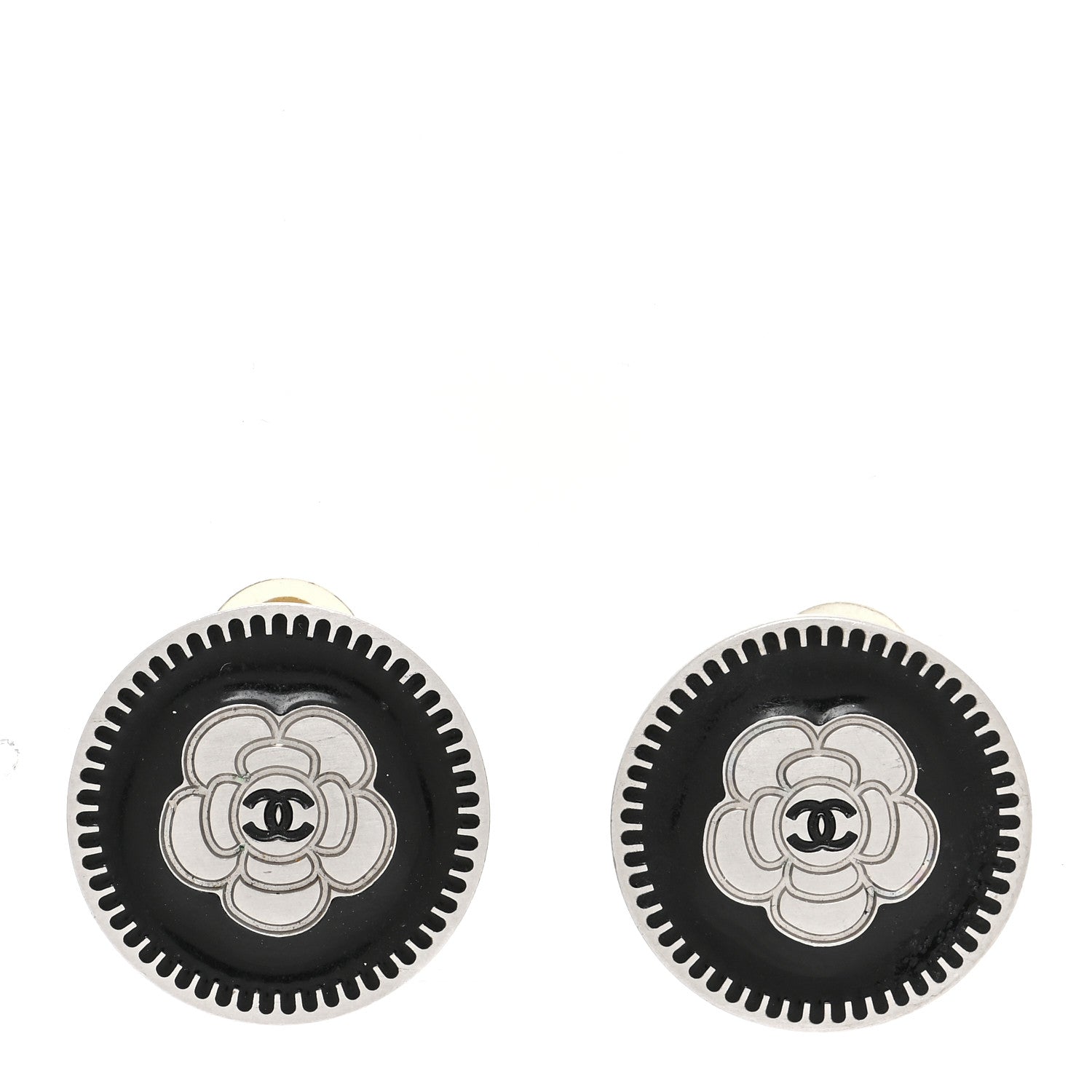 Chanel Enamel CC Camellia Clip On Earrings Black Silver 1 of 7