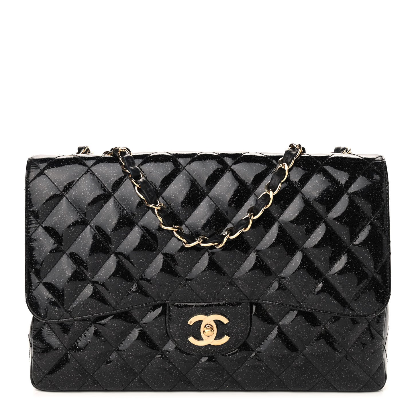 Patent Quilted Sparkle Glitter Jumbo Single Flap Black