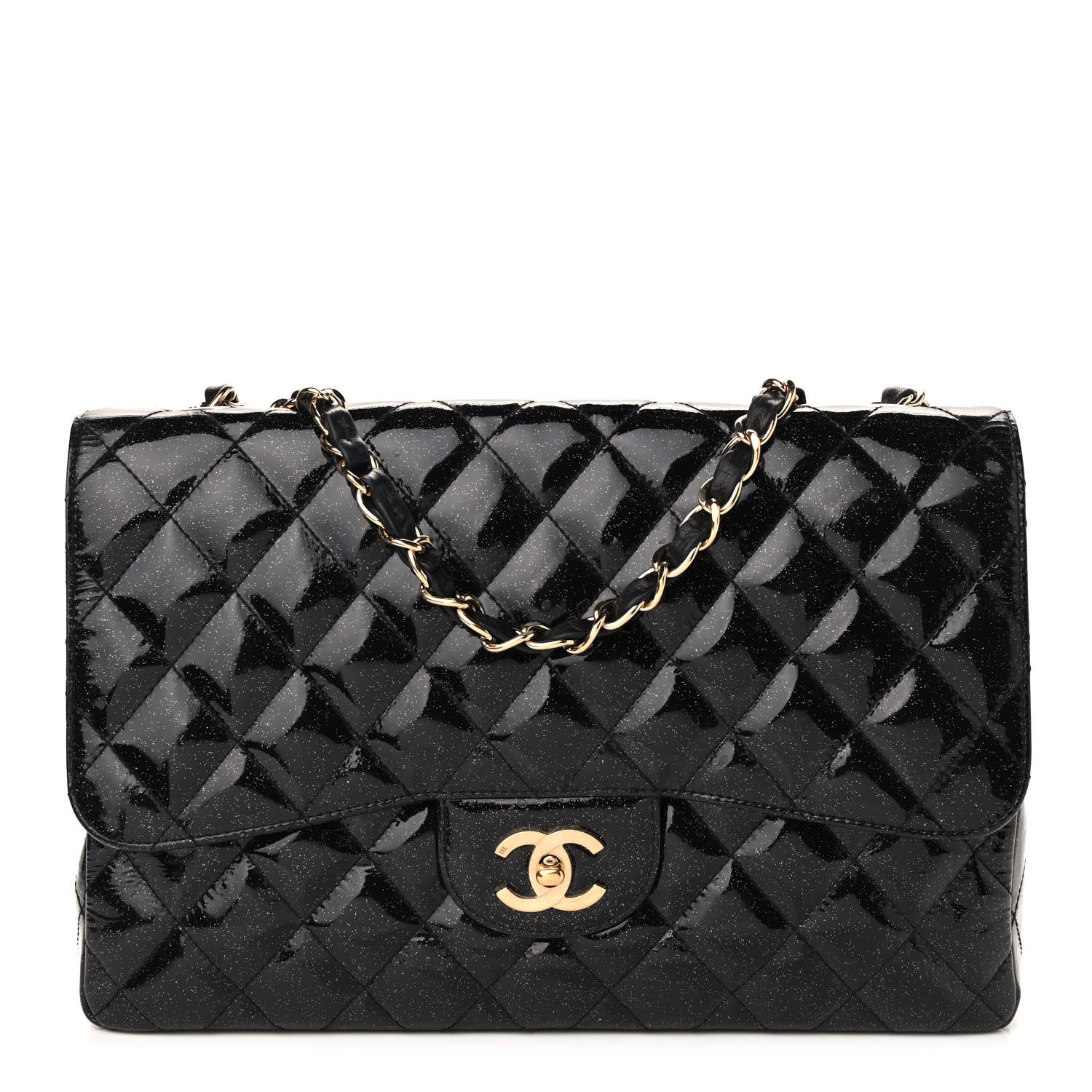 Chanel Patent Quilted Sparkle Glitter Jumbo Single Flap Black 1 of 11