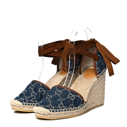 Gucci Denim GG Monogram Ankle Wrap Platform Espadrille Wedges 38.5 Blue Tea Cuir 3 of 8