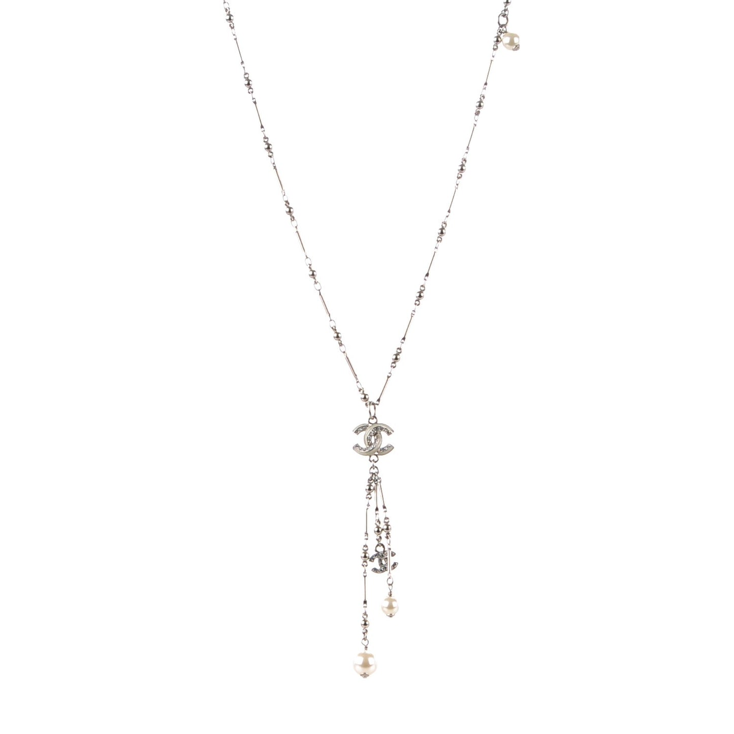 Crystal CC Pearl Lariat Necklace Silver