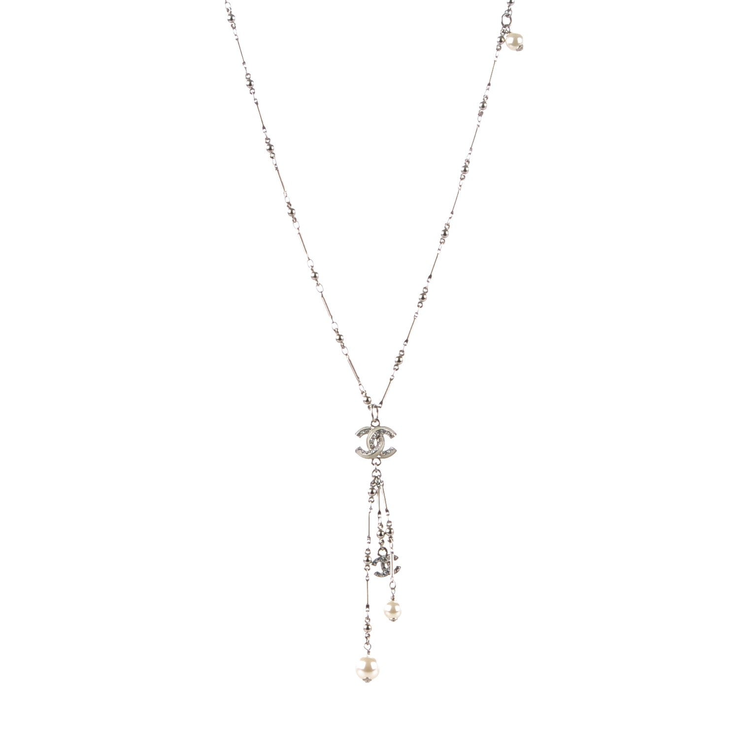 Chanel Crystal CC Pearl Lariat Necklace Silver 1 of 4