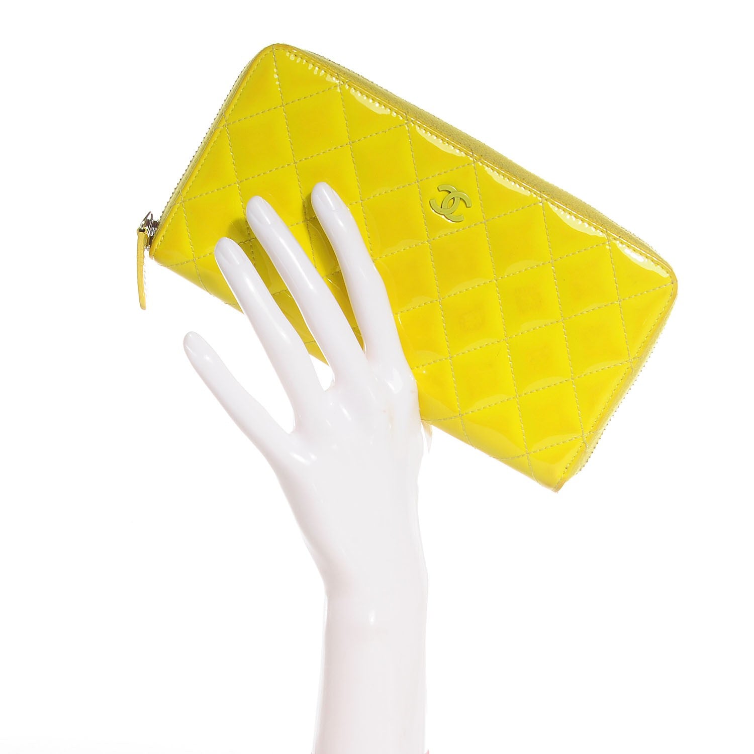 Chanel Patent Quilted Large Gusset Zip Around Wallet Yellow 2 of 7