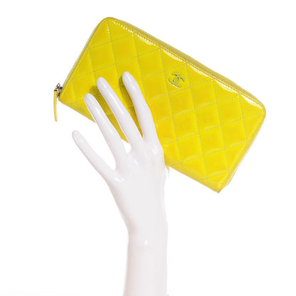Chanel Patent Quilted Large Gusset Zip Around Wallet Yellow 2 of 7