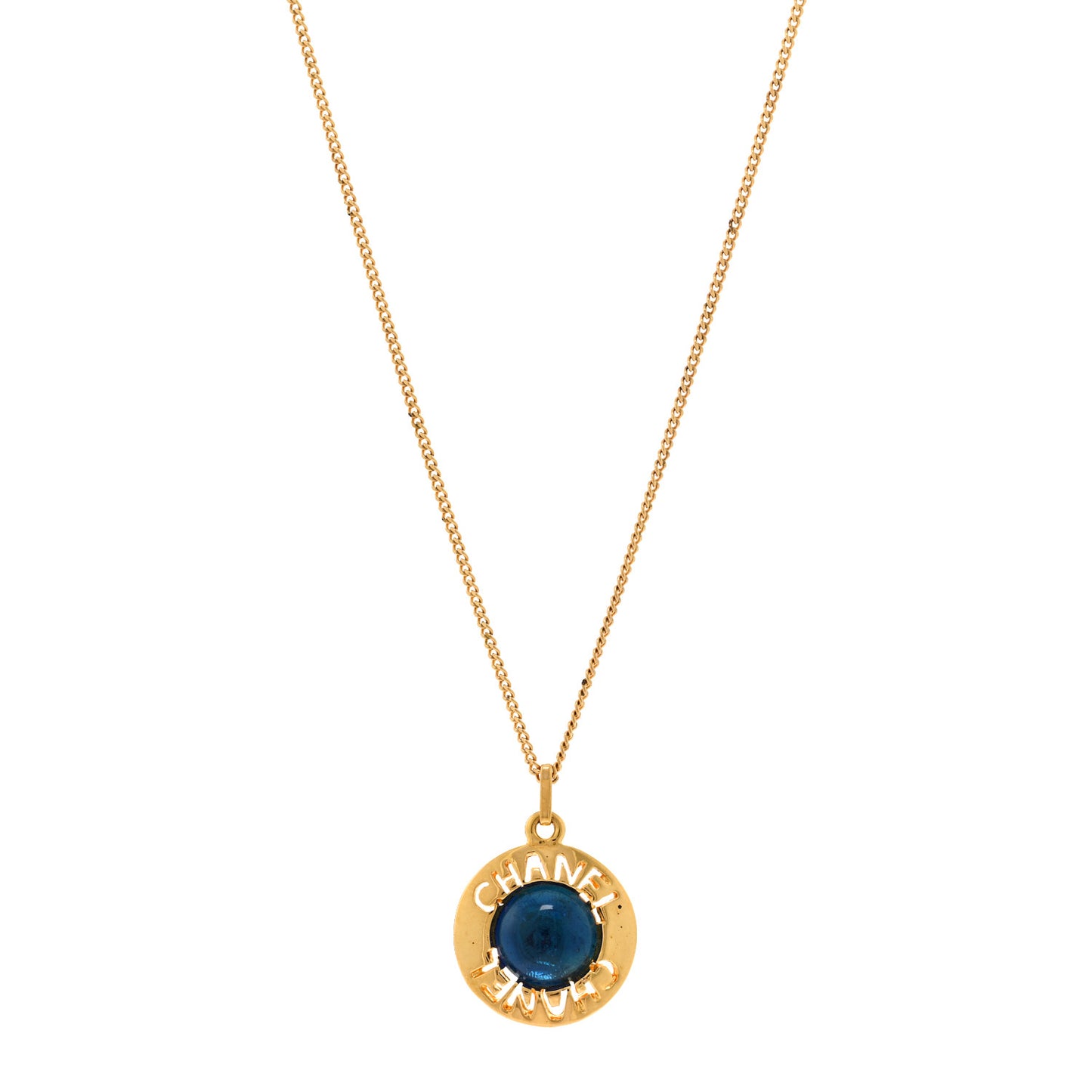 Metal Gripoix Poured Glass Pendant Necklace Gold Blue
