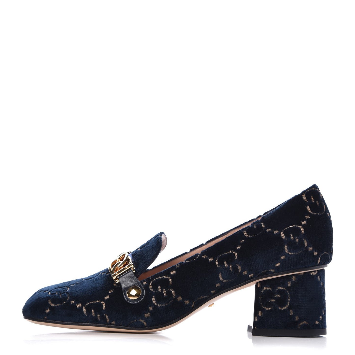Velvet GG Monogram Sylvie Web Chain Mid Heel Loafers 39 Blue Beige