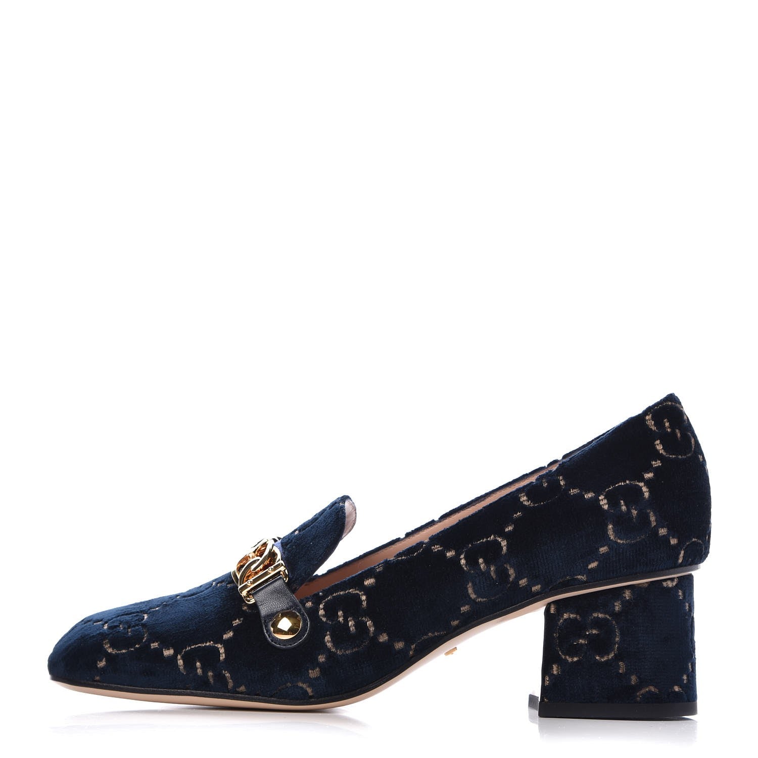 Gucci Velvet GG Monogram Sylvie Web Chain Mid Heel Loafers 39 Blue Beige 1 of 10