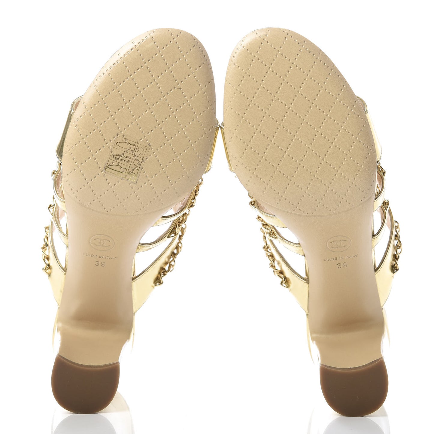 Laminated Lambskin Chain CC Mule Sandals 39 Gold