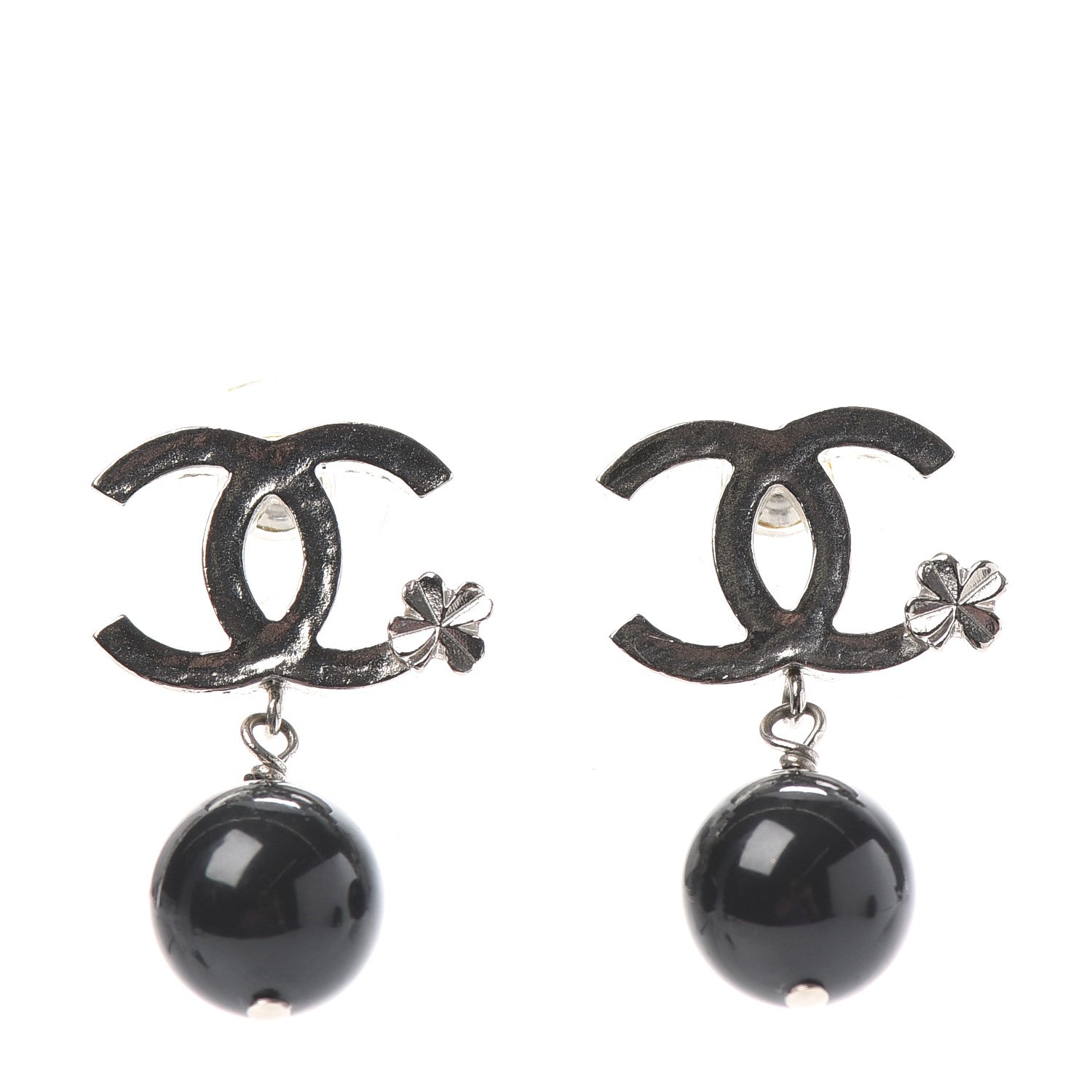 Chanel Ruthenium Bead CC Clover Drop Earrings Black 1 of 4