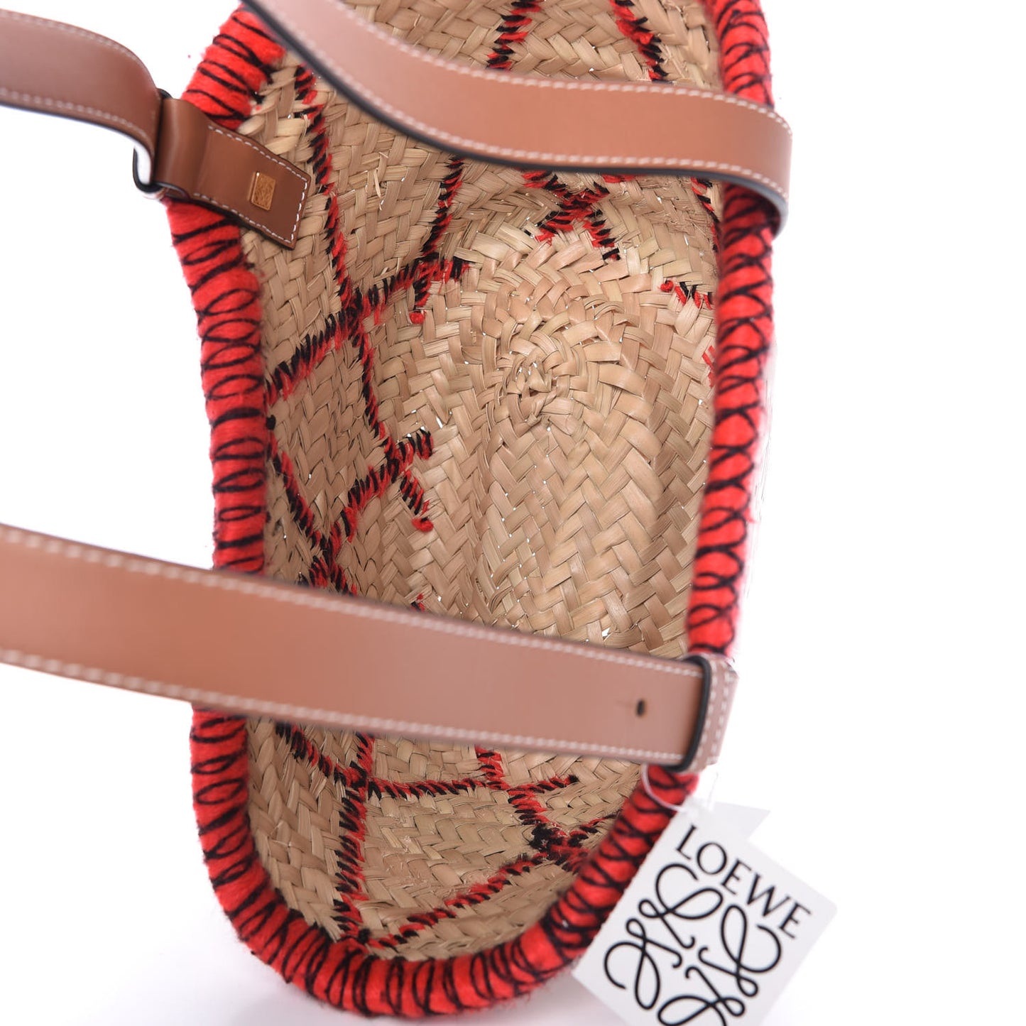 Embroidered Raffia Basket Tote Bag Natural Tan Red