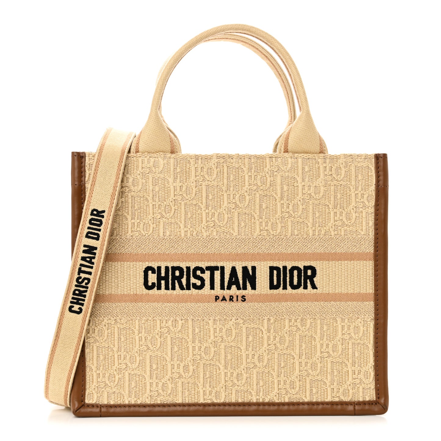 Raffia Calfskin Oblique Embroidered Small Book Tote Beige Camel