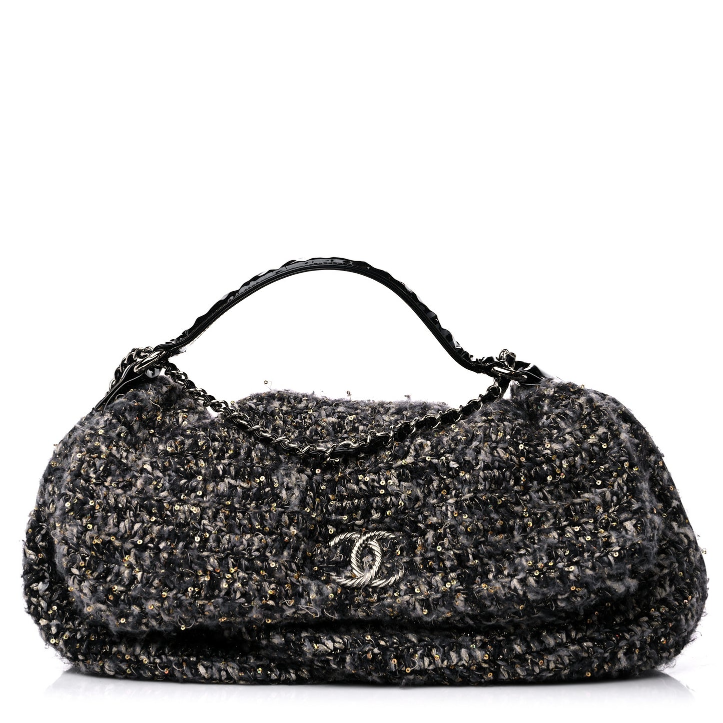 Patent Tweed Sequin Shopping Flap Bag Multicolor