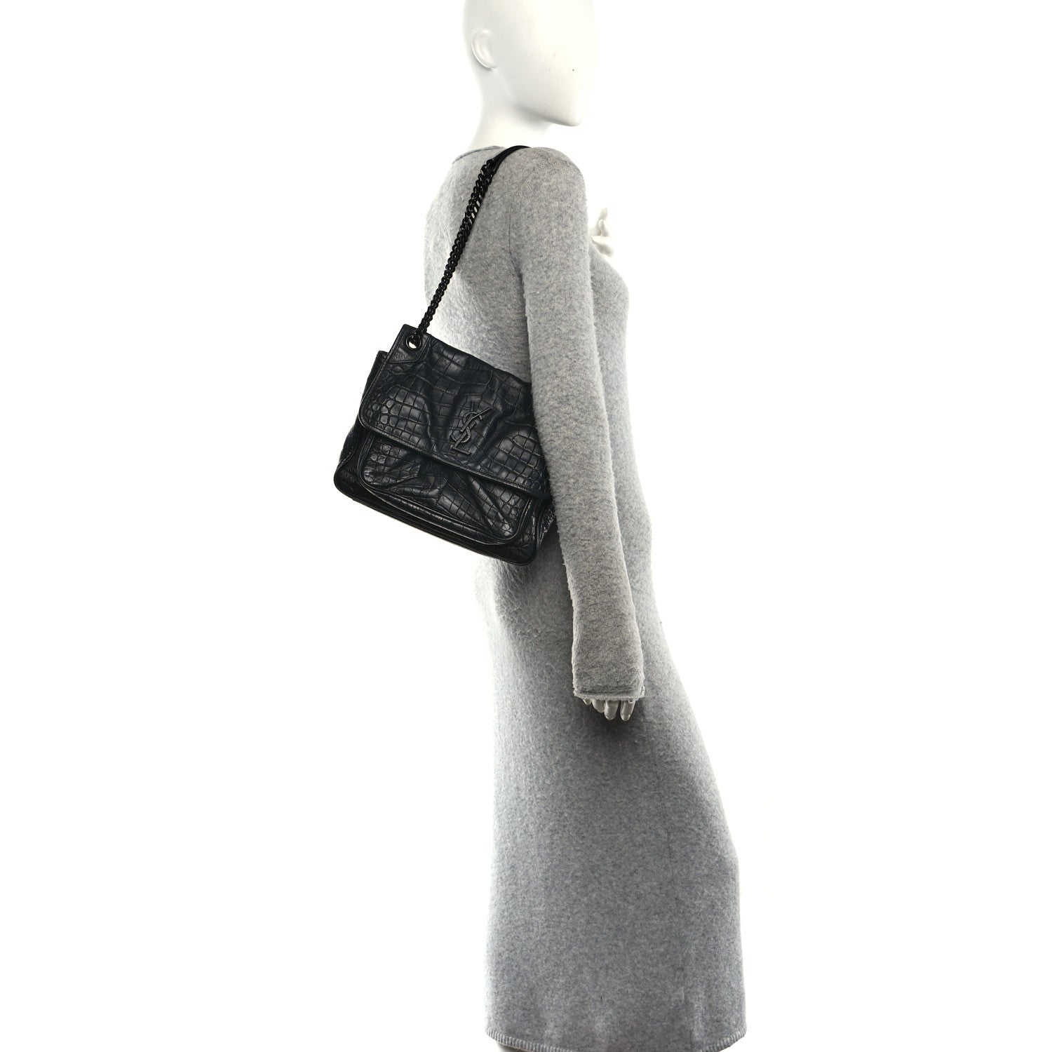 Saint Laurent Crocodile Embossed Lambskin Monogram Medium Niki Chain Satchel Black 2 of 10