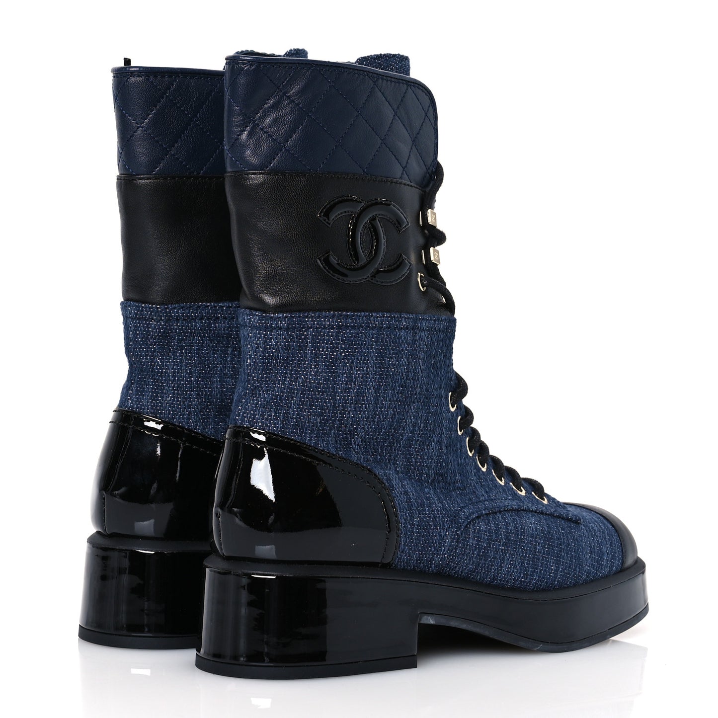 Denim Patent Lambskin Quilted CC Lace Up Combat Boots 36.5 Navy Blue Black