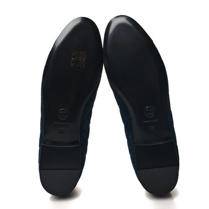 Chanel Suede Calfskin Quilted Cap Toe CC Ballerina Flats 38 Navy 5 of 9
