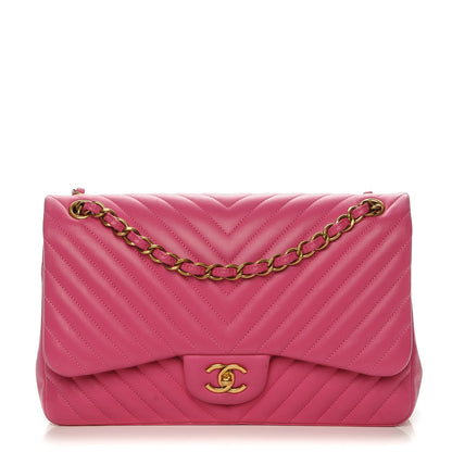 Chanel Lambskin Chevron Quilted Jumbo Double Flap Dark Pink 1 of 7